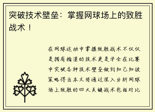 突破技术壁垒：掌握网球场上的致胜战术 !